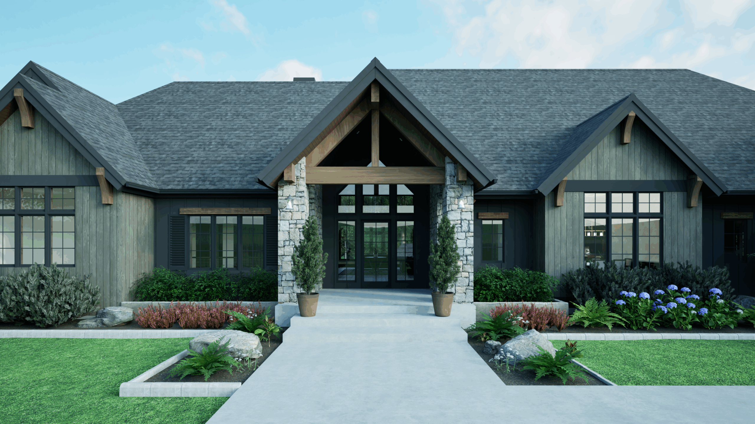 Mountain Modern custom home entrance with stone columns, wood siding, large glass doors and landscaped walkway